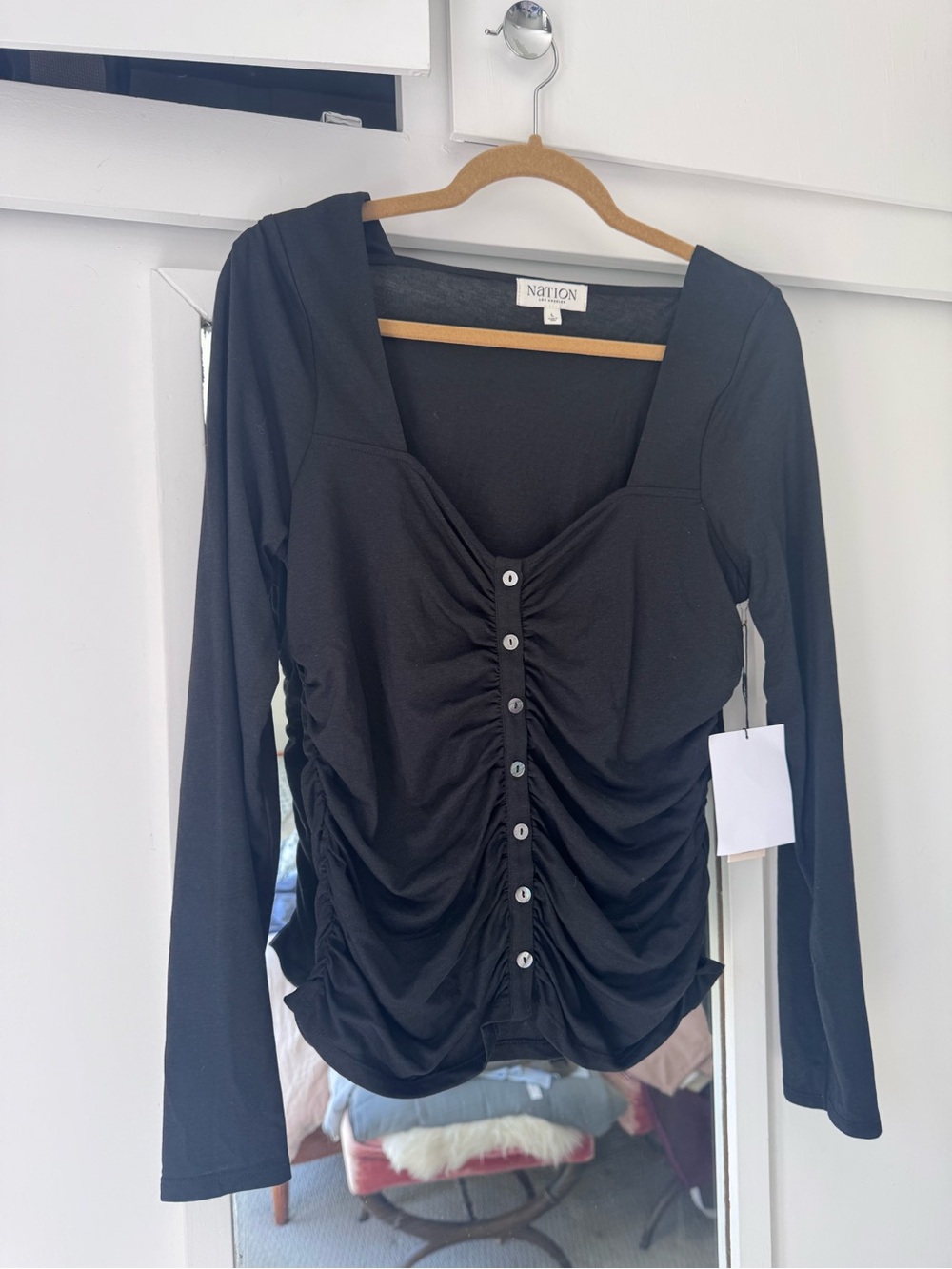 Nation Los Angeles Black Ruched Button-Front Long Sleeve Square Neck Top